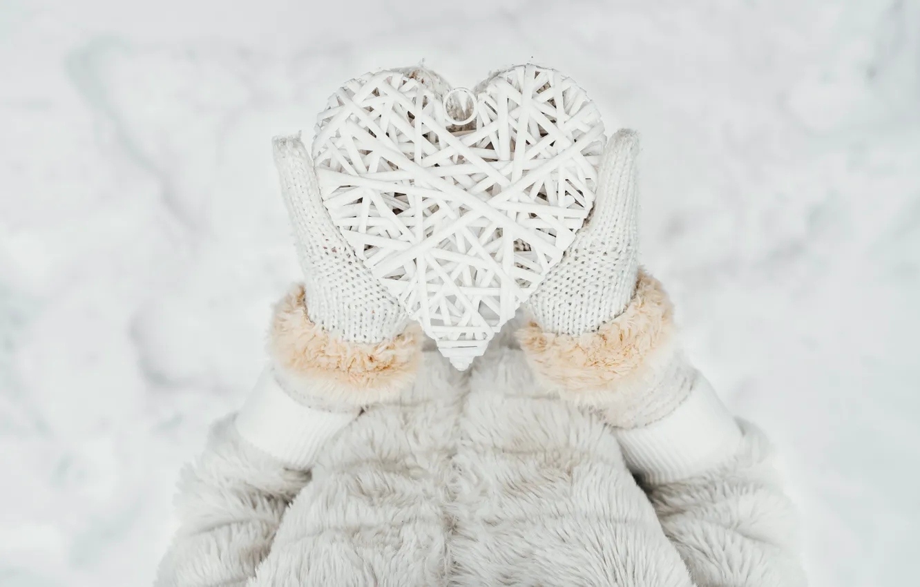 Photo wallpaper winter, snow, love, heart, love, heart, winter, mittens