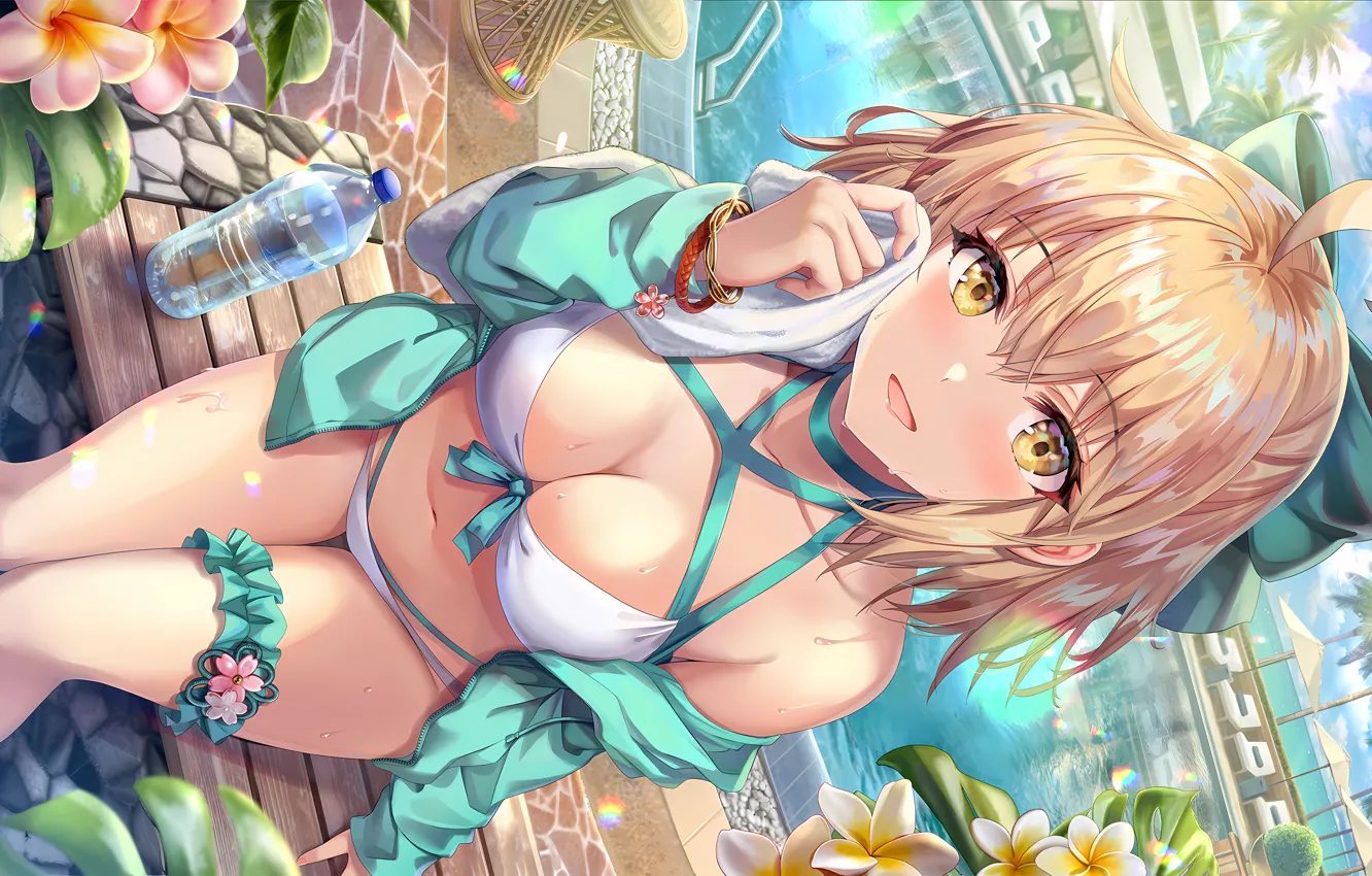 Photo wallpaper girl, sexy, wet, pool, cleavage, legs, boobs, anime
