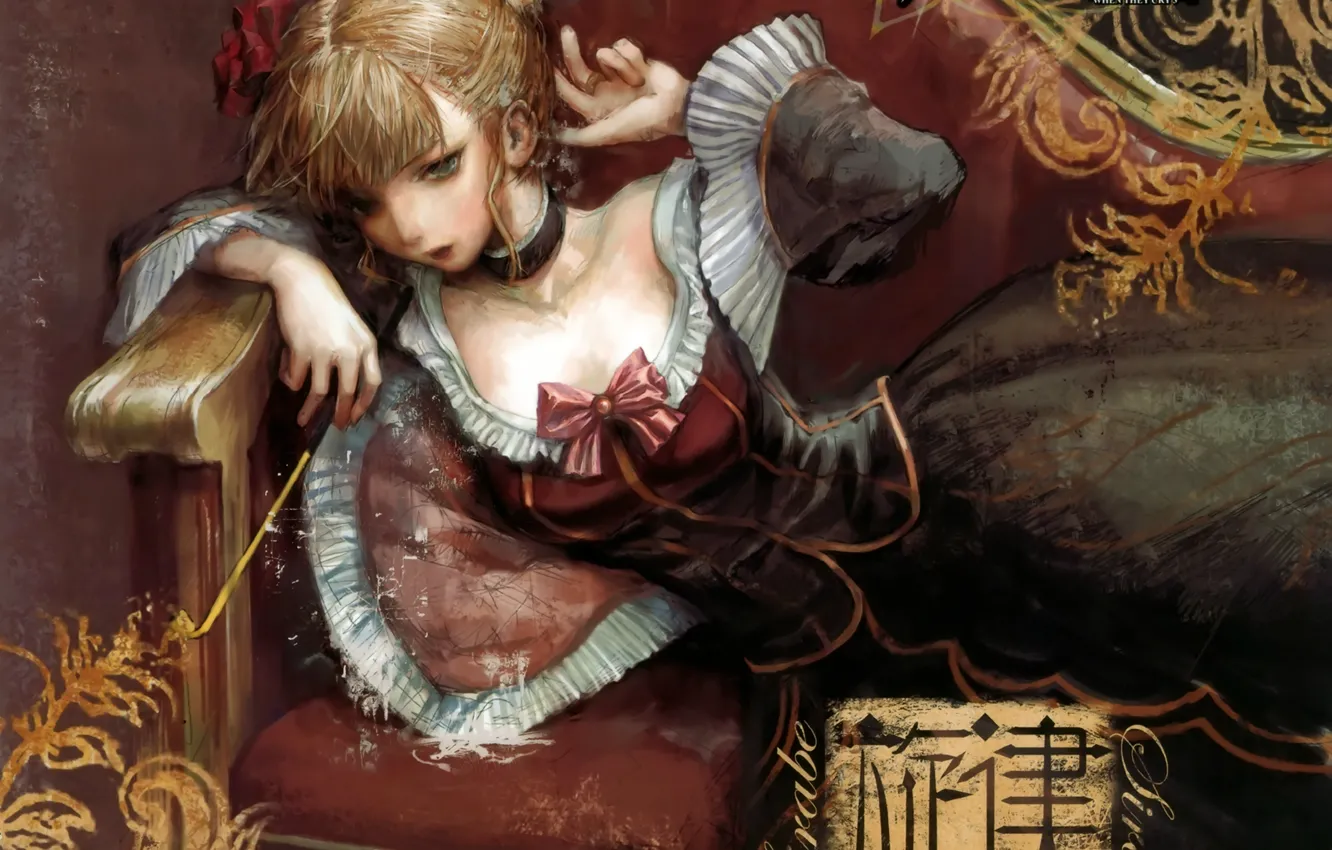 Photo wallpaper characters, neckline, pillow, witch, bow, on the couch, art, Umineko no Naku Koro ni