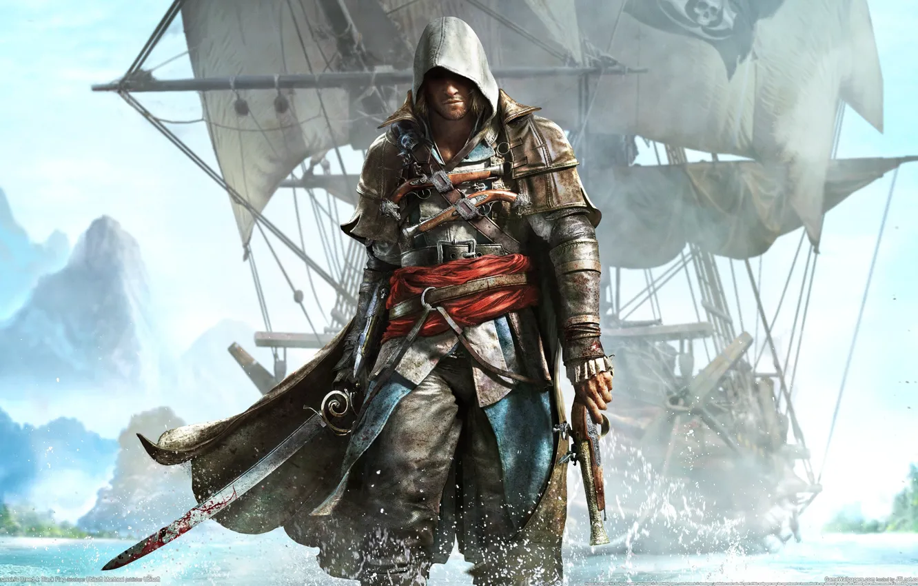 Photo wallpaper Water, Island, Ship, Coast, Assassin's Creed 4, Black Flag