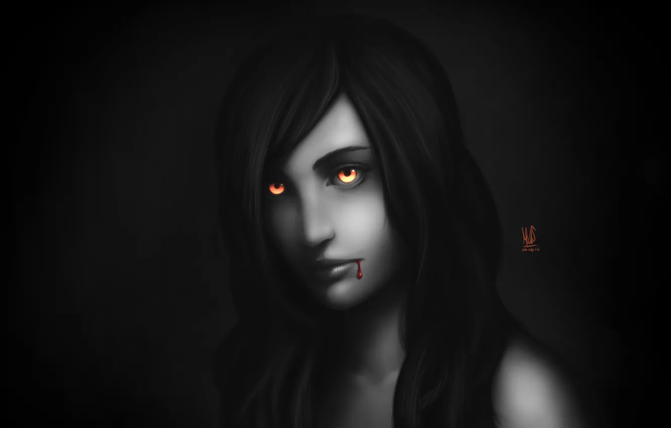 Photo wallpaper eyes, girl, blood, art, vampire, monochrome