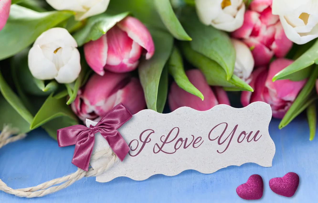 Photo wallpaper love, bouquet, hearts, tulips, I love you, flowers, romantic, hearts