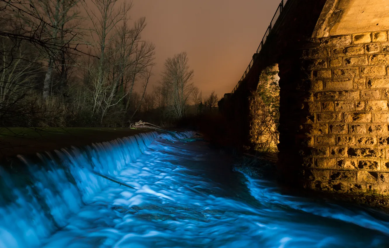 Photo wallpaper light, night, bridge, lights, river, stream, support