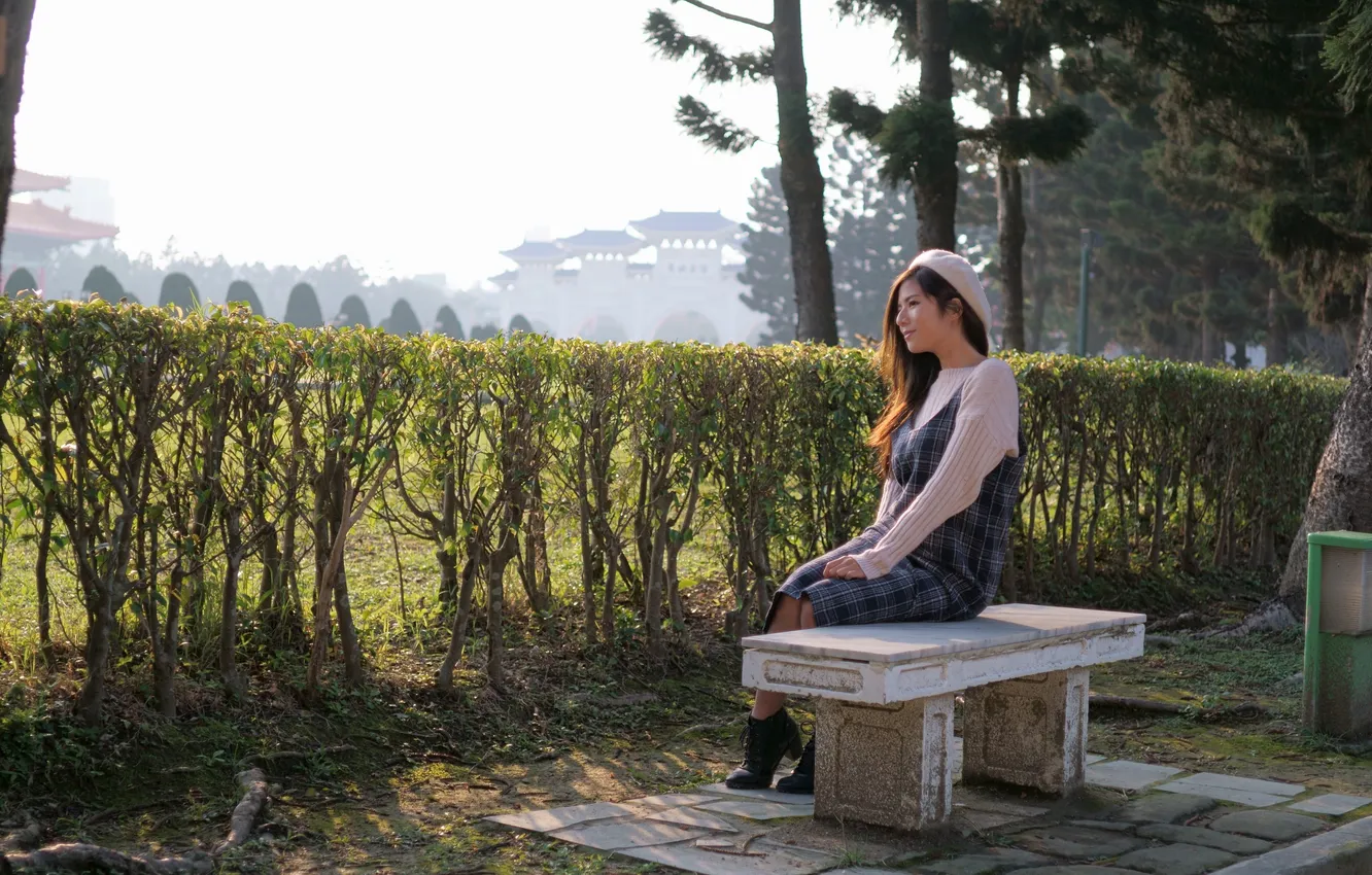Photo wallpaper girl, bench, Asian, takes