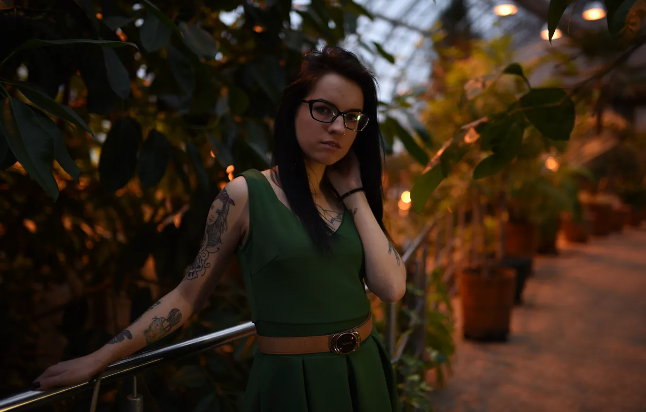 Photo wallpaper girl, dress, tattoo, glasses