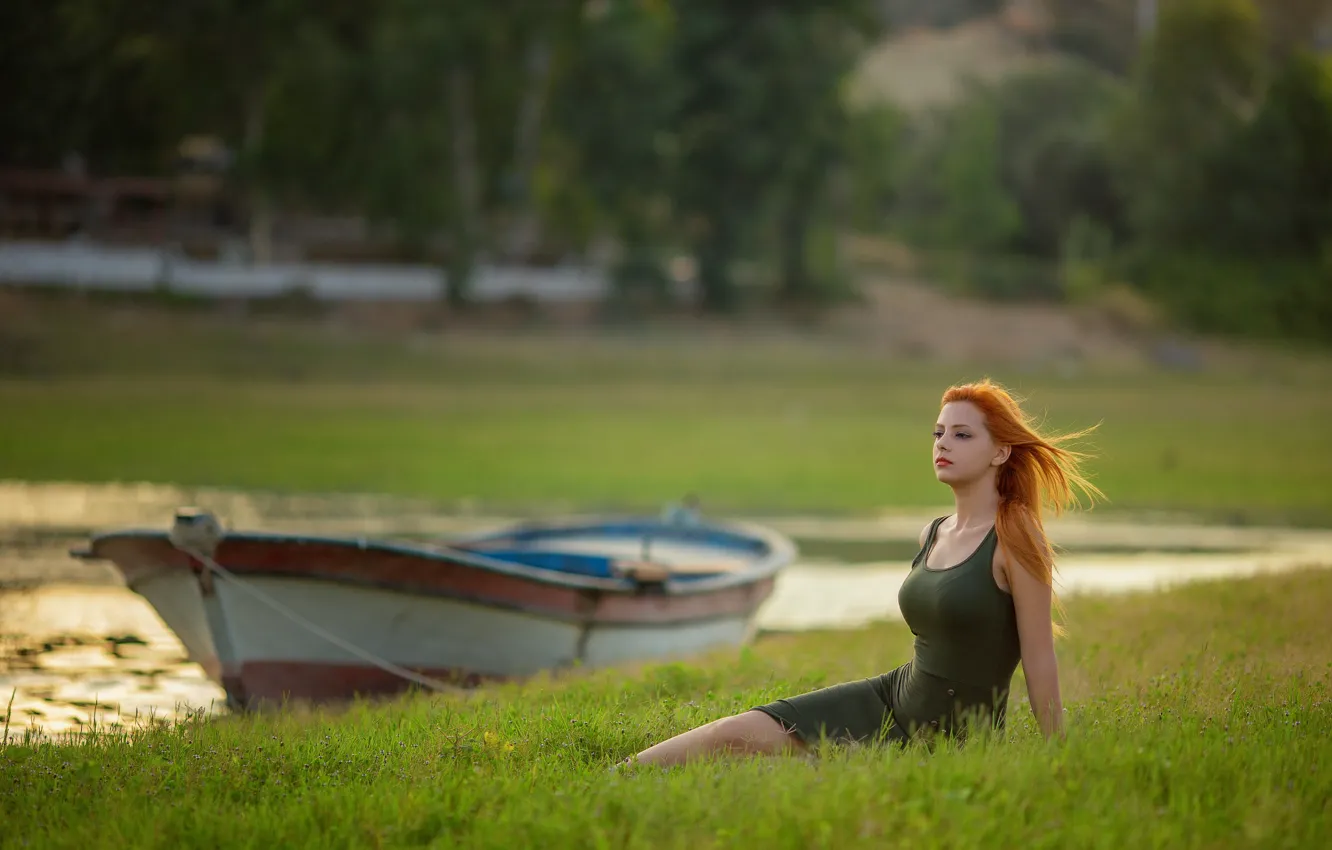 Photo wallpaper summer, grass, look, girl, nature, pose, river, the wind