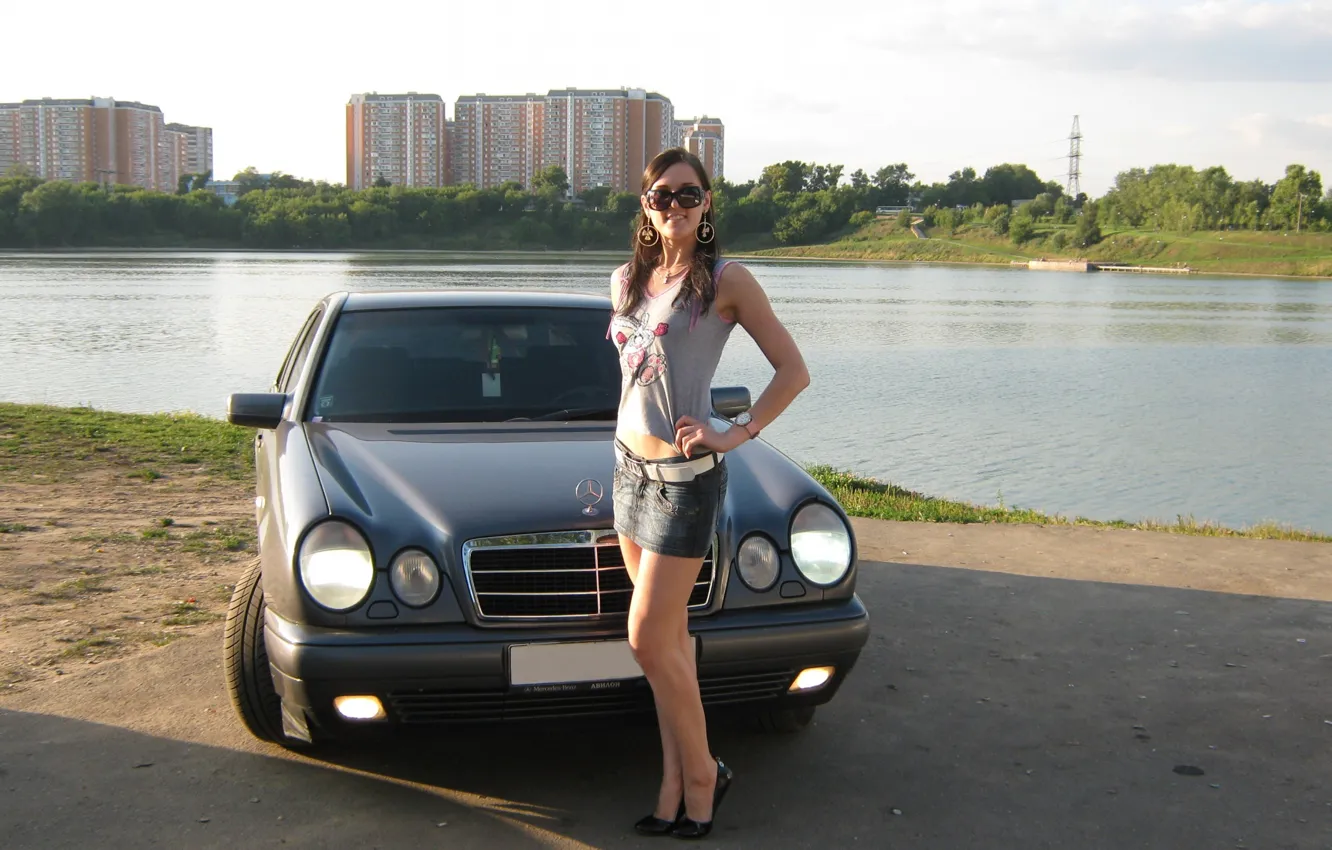 Photo wallpaper auto, girl, river, glasses, Mercedes