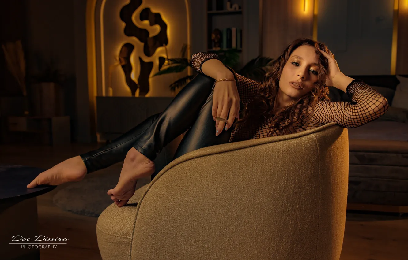 Photo wallpaper look, girl, pose, feet, chair, cigarette, Doc Dimira, Kristina Miryanova
