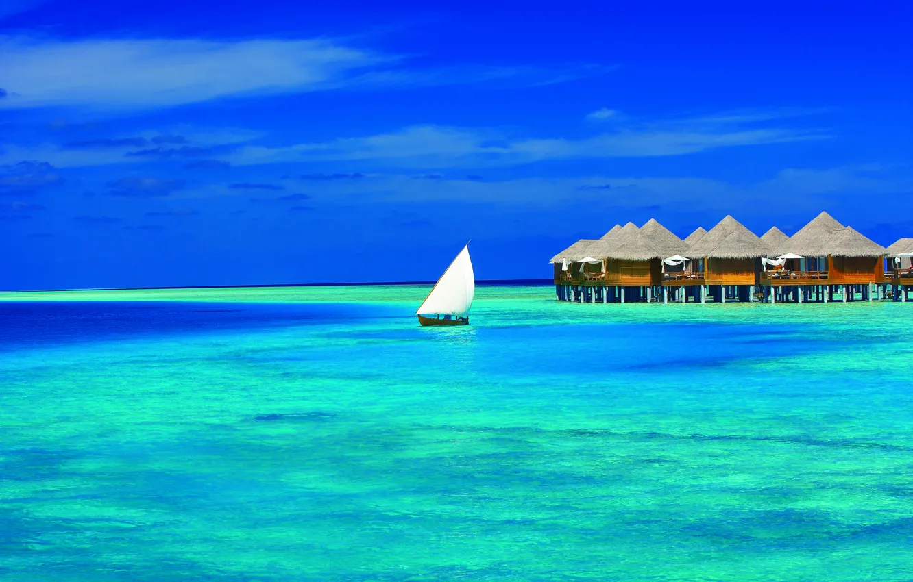 Photo wallpaper ocean, boat, resort, bungalow, fantastic Maldives