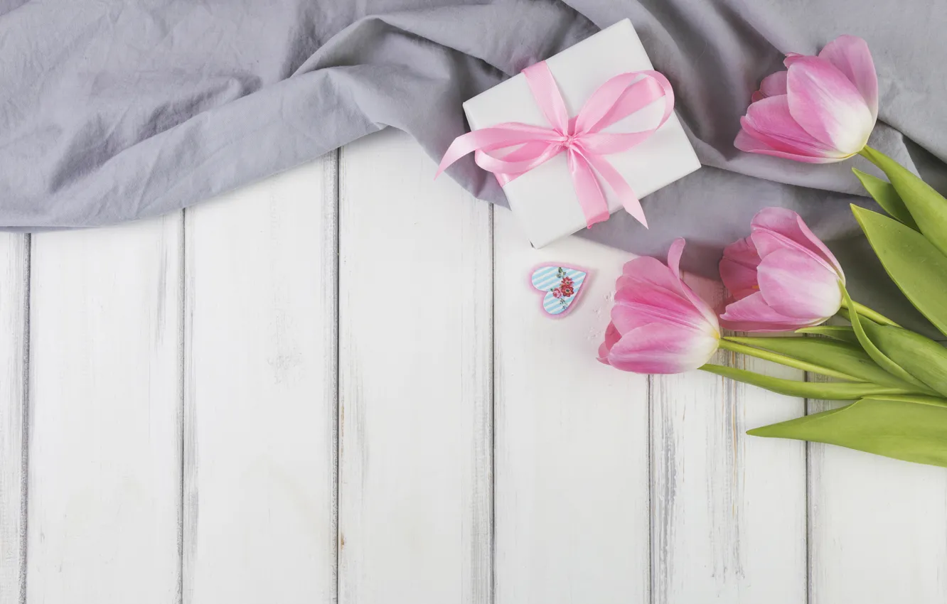 Photo wallpaper gift, tulips, wood, flowers, decoration