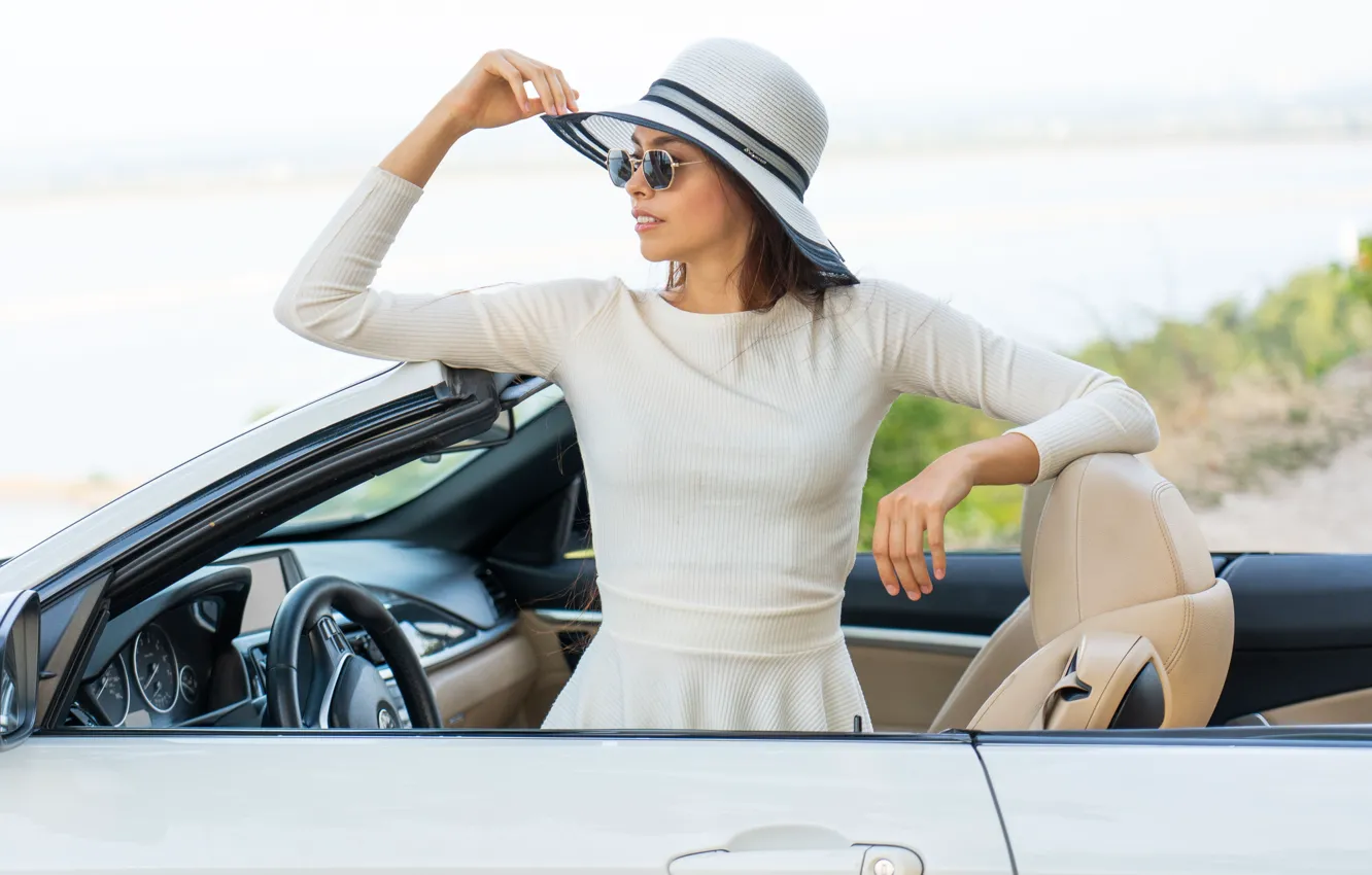 Photo wallpaper car, white, dress, hat, model, sexy woman, gorgeous, busty