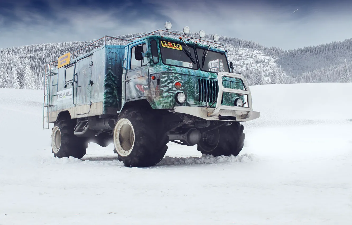 Photo wallpaper snow, mountains, airbrushing, off road, tuning, kengurâtnik, GAZ 66, Gaz 66