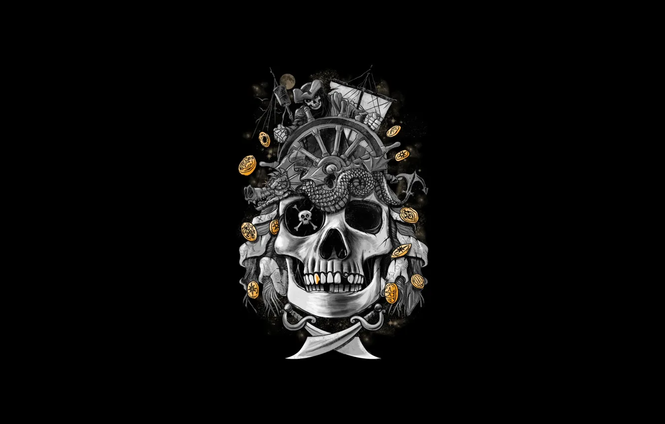 Photo wallpaper style, gold, skull, minimalism, sword, art, pirate, bones