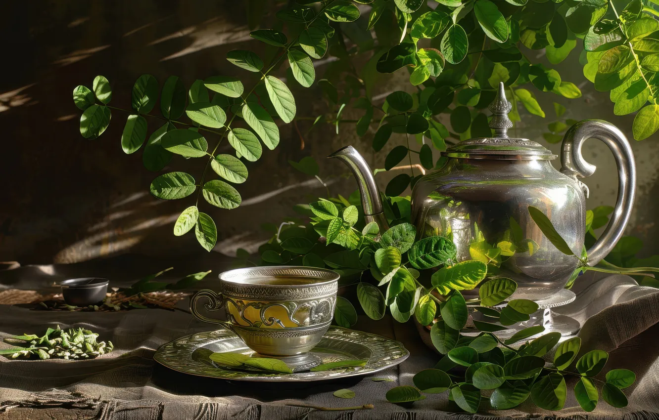 Photo wallpaper greens, leaves, light, branches, metal, green, retro, table