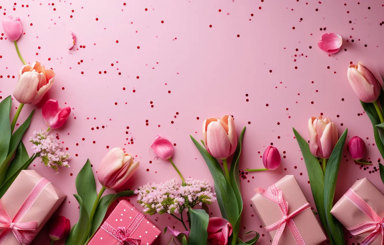 Photo wallpaper flowers, holiday, bouquet, spring, tulips, AI art, universal holiday background, neural network