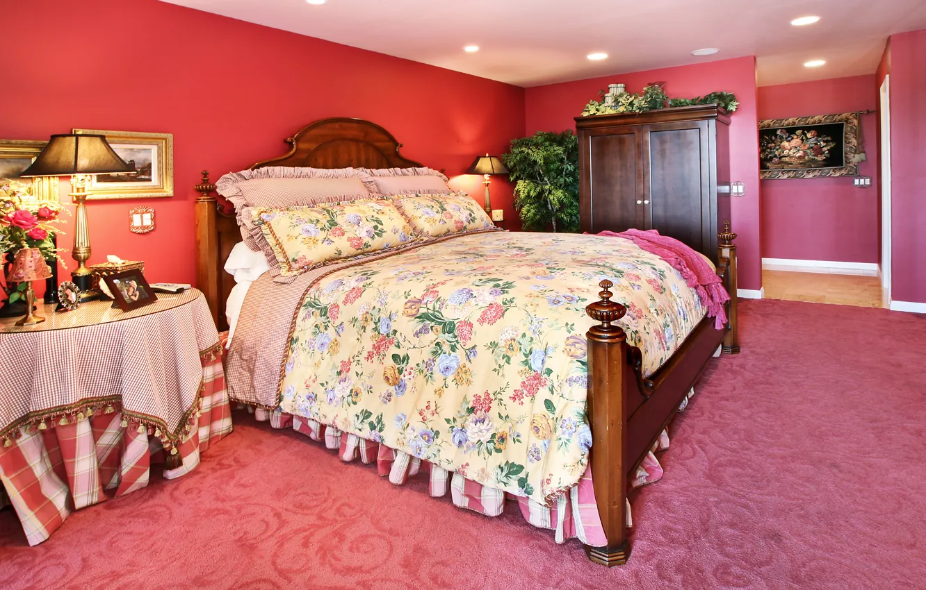 Photo wallpaper furniture, bed, interior, lamp, wardrobe, mansion, design, bedroom