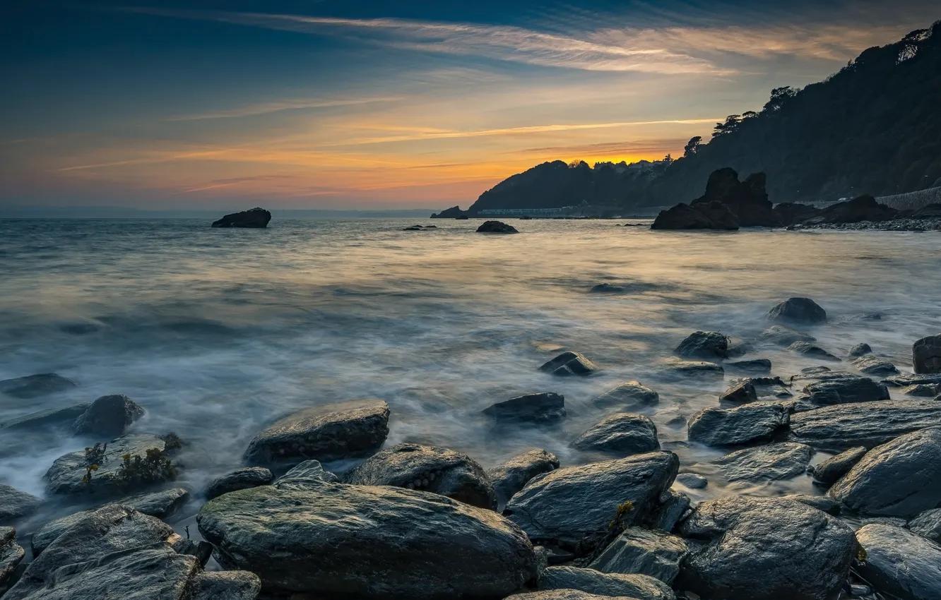 Photo wallpaper sea, the sky, clouds, sunset, nature, stones, rocks, shore