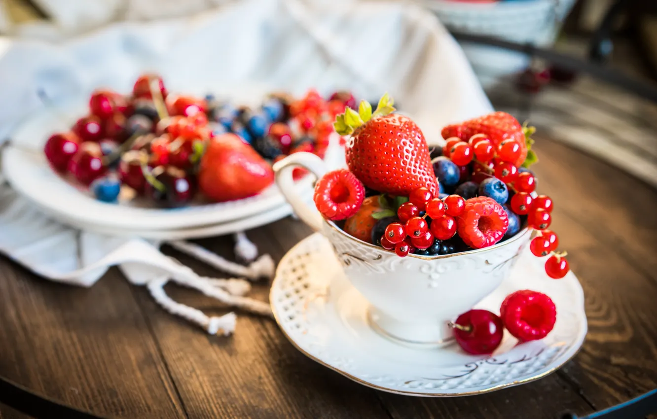 Photo wallpaper berries, blueberries, strawberry, plate, fresh, currants, cup, berries