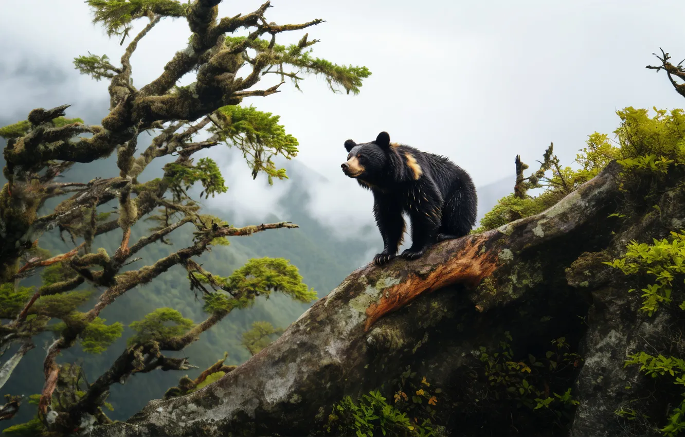 Photo wallpaper trees, mountains, predator, bear, digital art, Black bear, AI art, The Art of Artificial Intelligence