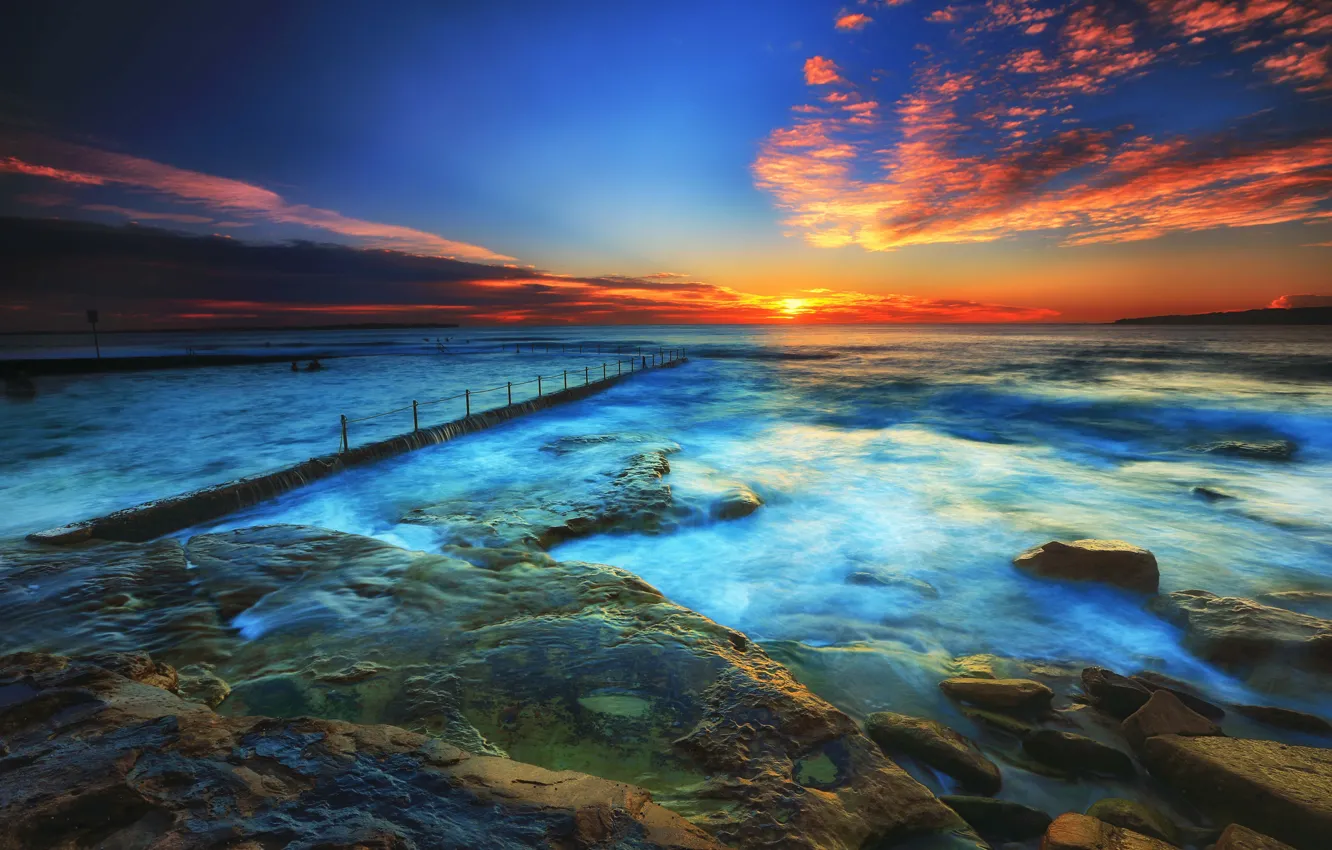 Photo wallpaper sea, clouds, sunset, stones
