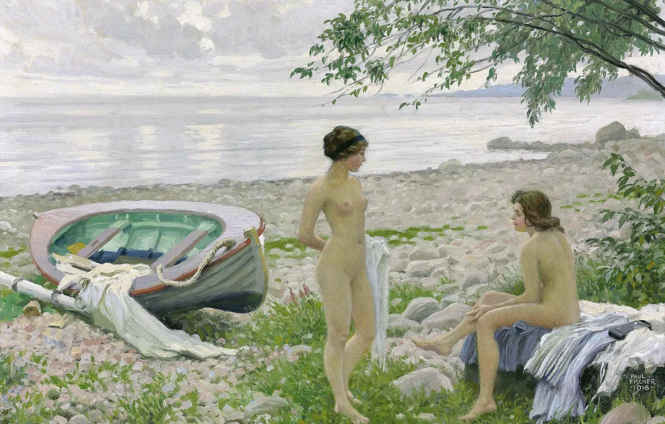 Photo wallpaper girl, boat, picture, Nude, two, on the beach, coast, Danish painter