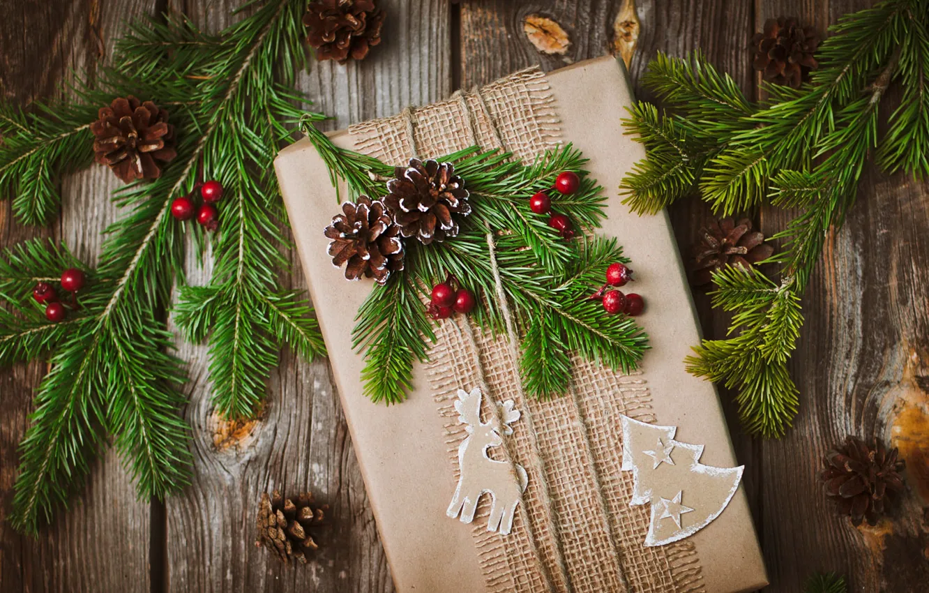 Photo wallpaper berries, holiday, box, gift, Board, deer, Christmas, New year