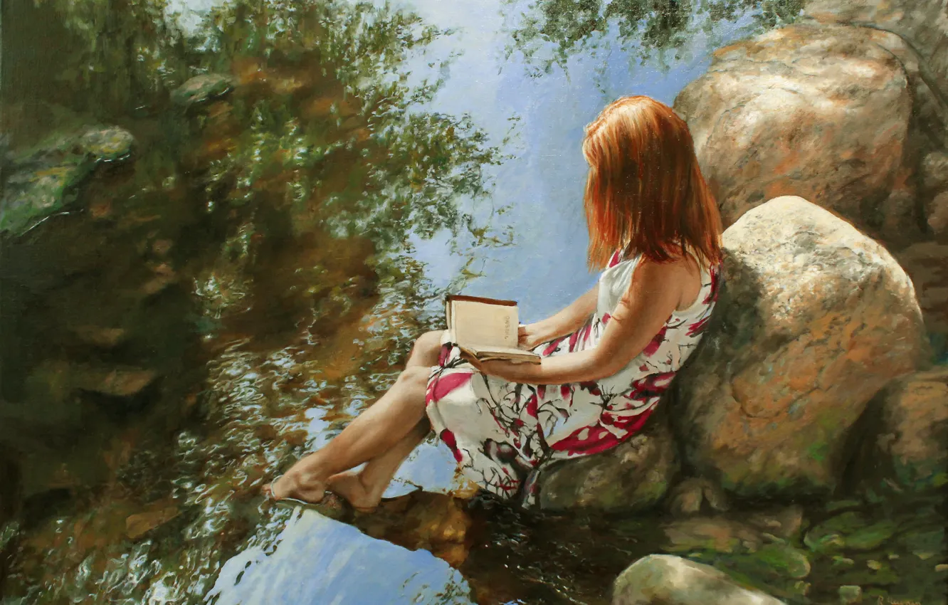 Photo wallpaper girl, stones, dress, book, river, painting, reads, Ralf Heynen