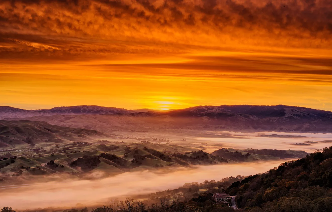 Photo wallpaper California, sunrise, Rolling Hills, Tri-Valley, Low Fog