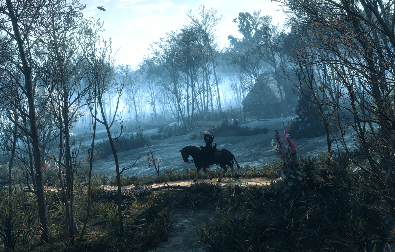 Photo wallpaper forest, trees, house, horse, The Witcher, Geralt, The Witcher 3: Wild Hunt, roach