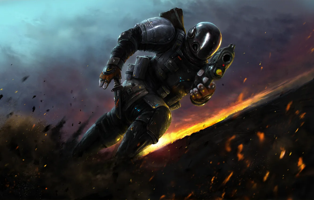 Photo wallpaper sunset, the explosion, fragments, weapons, running, sparks, costume, Warrior