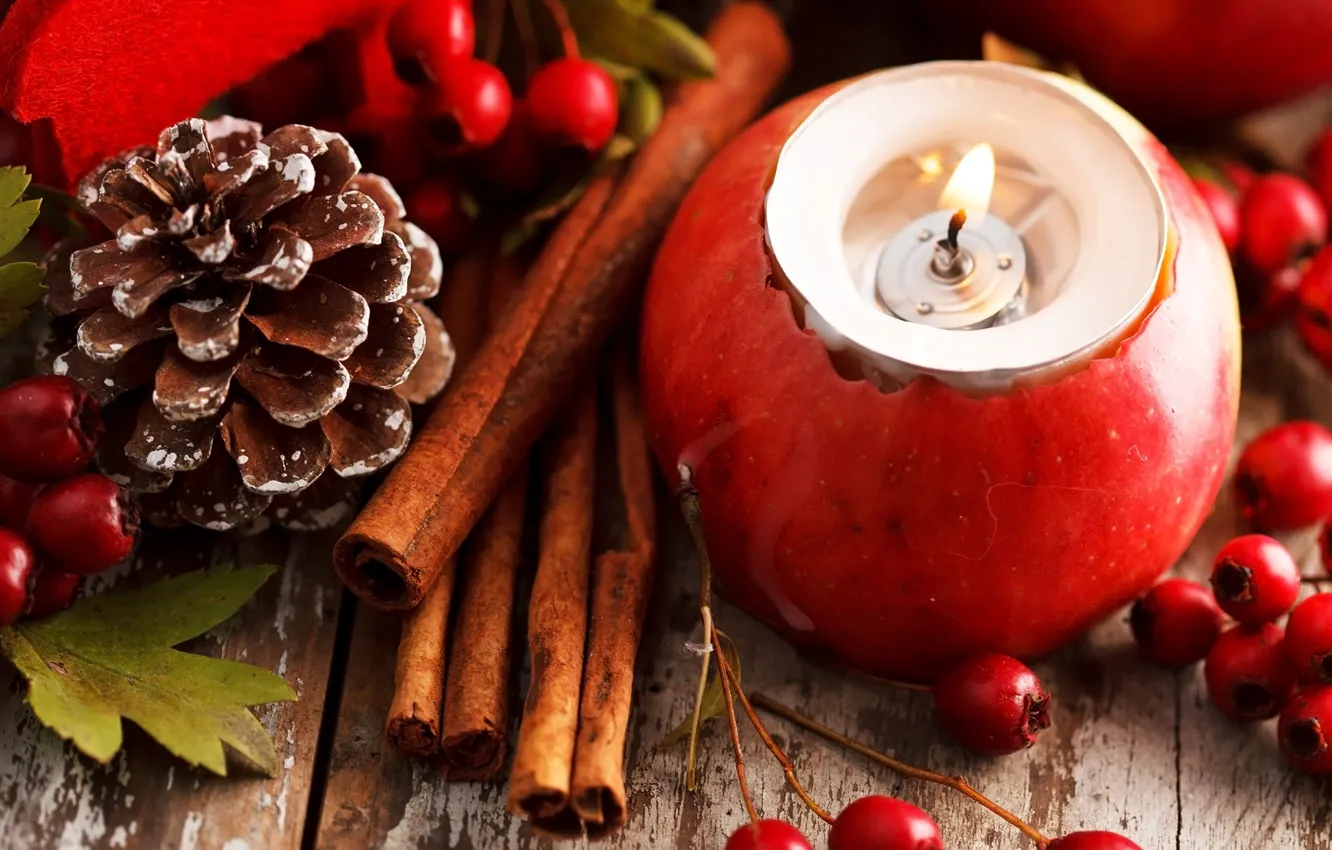 Photo wallpaper leaves, berries, holiday, red, Apple, candle, sticks, New Year