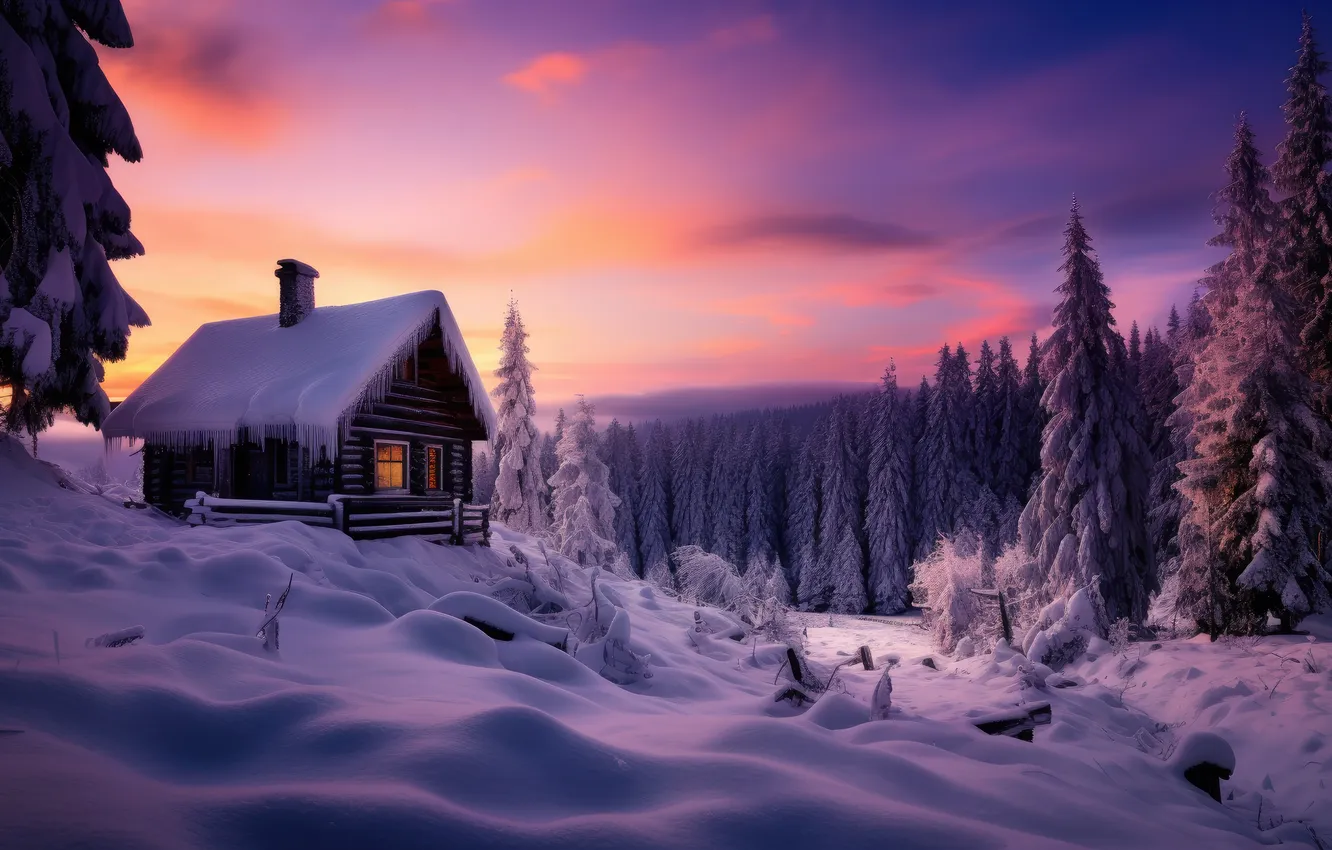 Photo wallpaper winter, forest, snow, mountains, night, nature, house, house