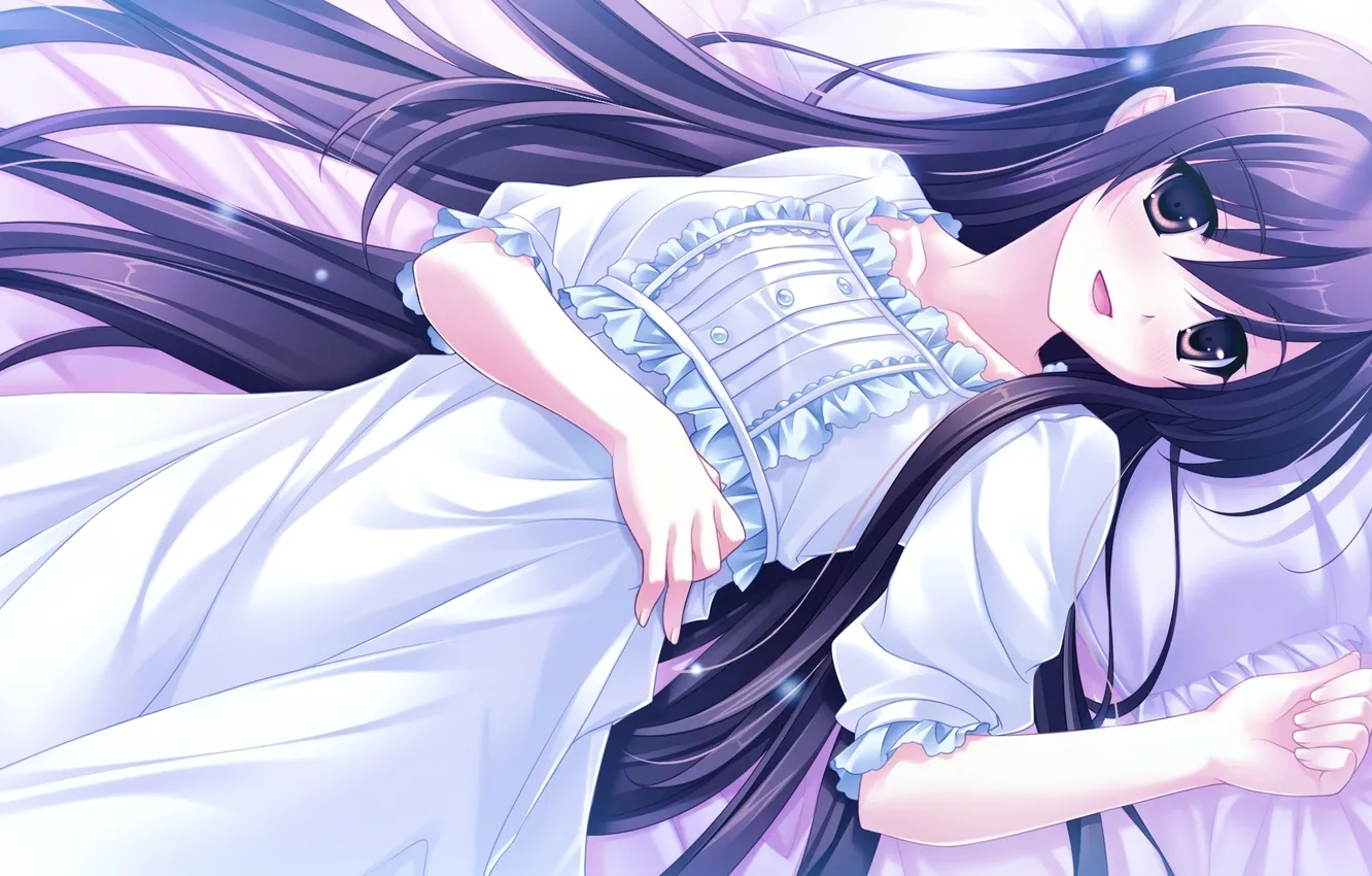 Photo wallpaper look, girl, joy, anime, dress, bed