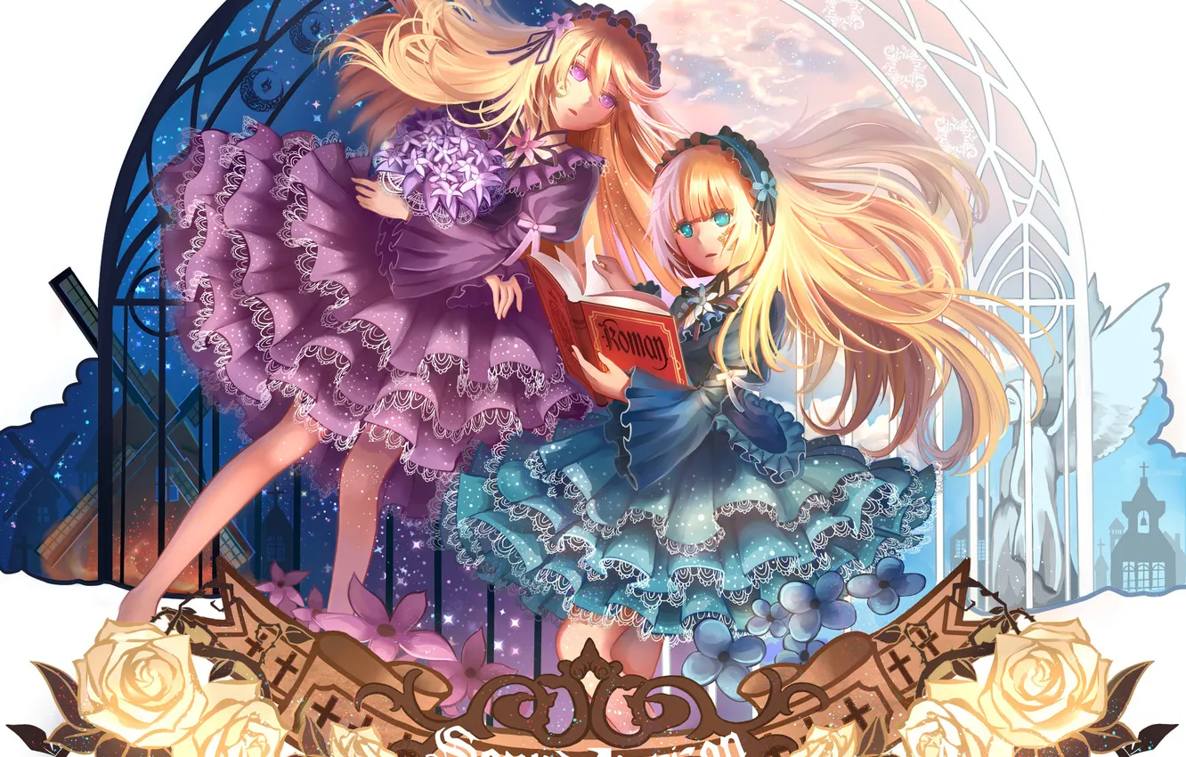 Photo wallpaper girl, dress, window, art, mill, book, sound horizon, violette