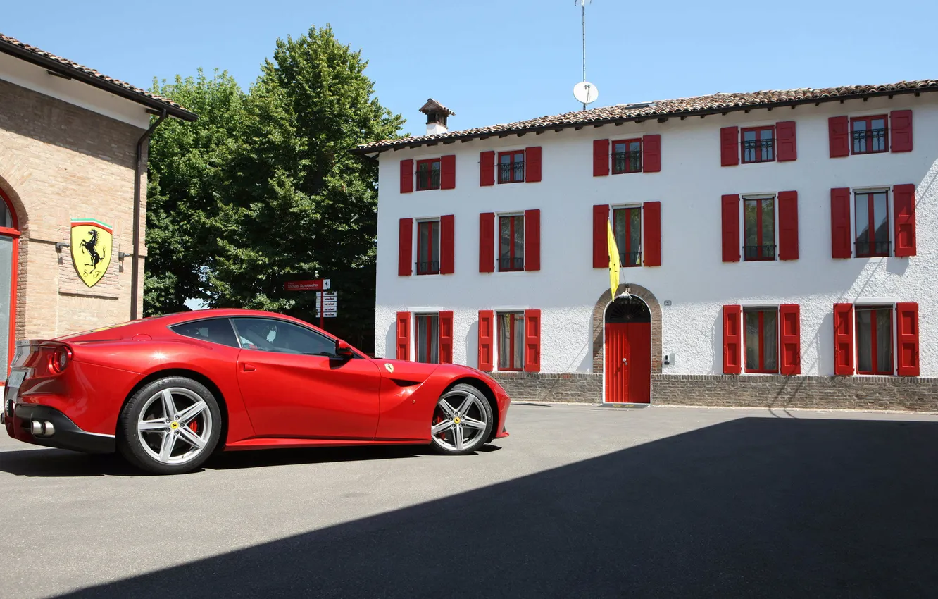 Photo wallpaper red, the building, supercar, side view, the ferrari f12 berlinetta