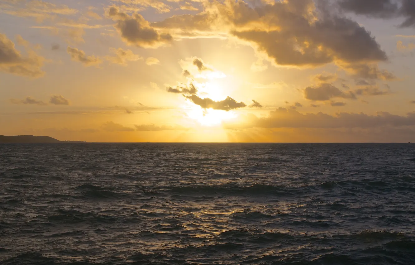 Photo wallpaper sea, the sun, clouds, sunset, horizon