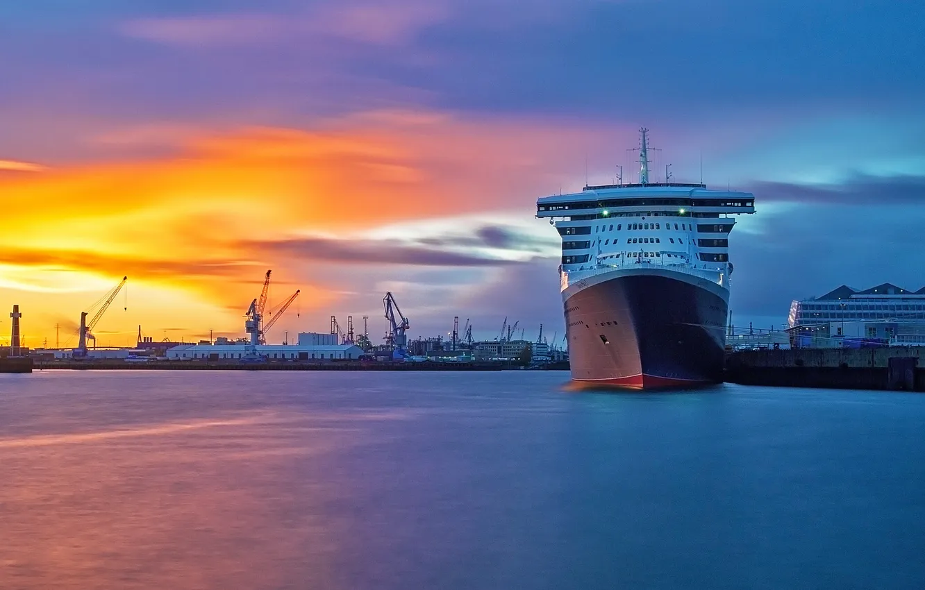 Photo wallpaper sea, dawn, ship, building, port, the ship, waters, cranes