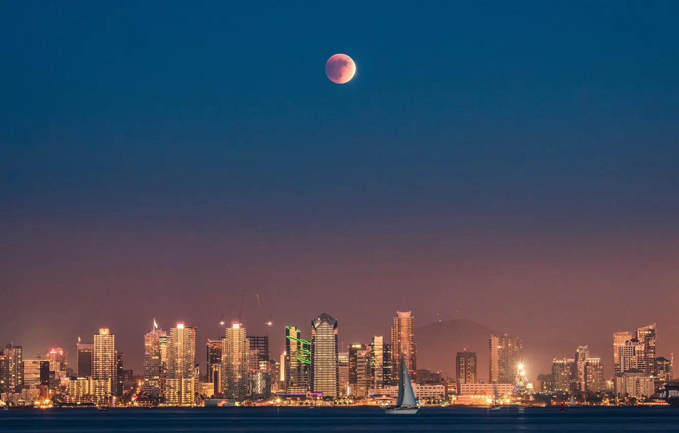 Photo wallpaper the sky, mountains, the moon, sailboat, CA, San Diego, United States, One America Plaza