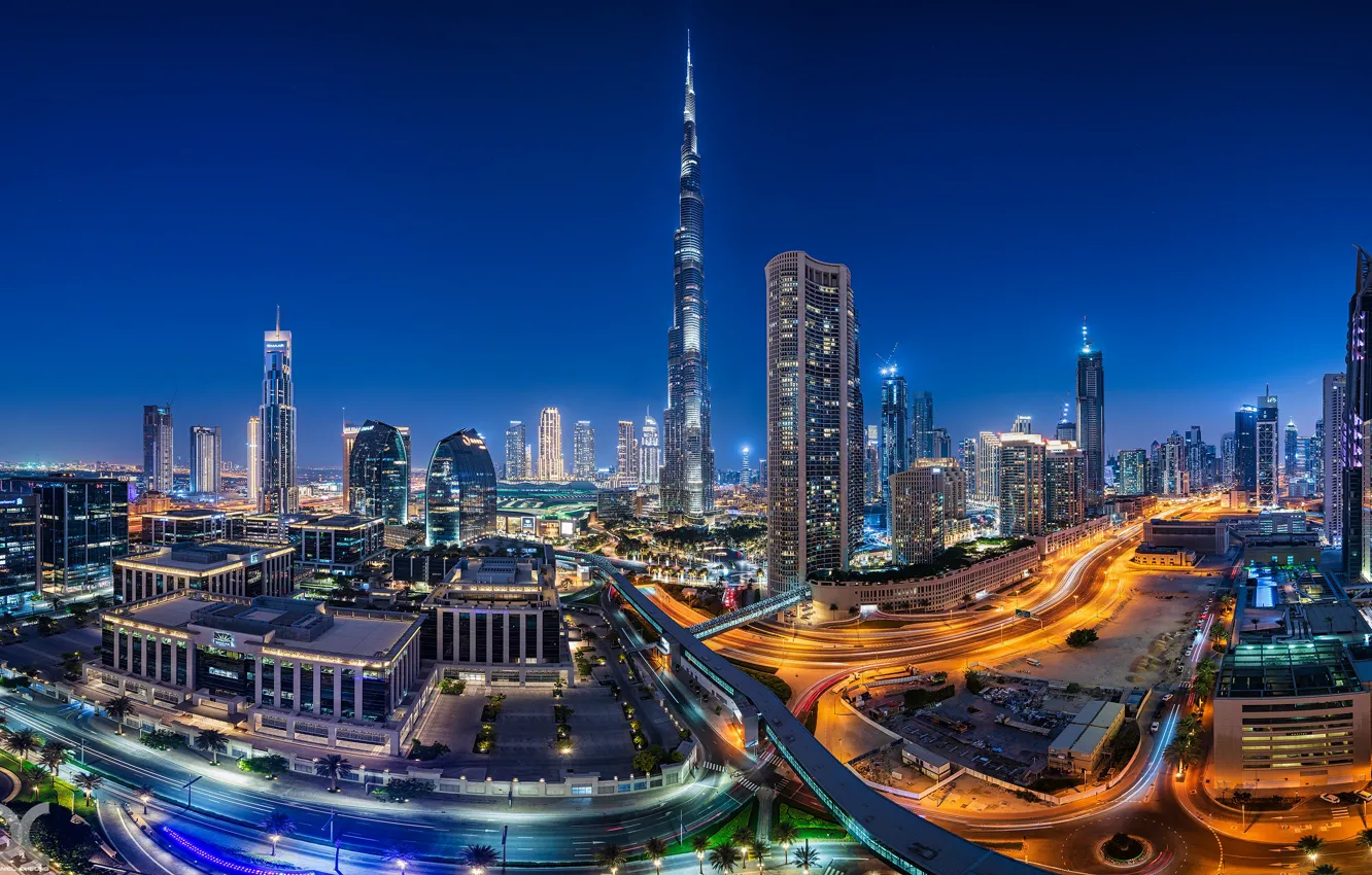 Photo wallpaper building, road, home, Dubai, night city, Dubai, skyscrapers, UAE