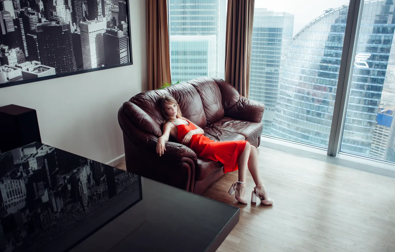 Photo wallpaper chest, girl, sofa, model, figure, dress, tattoo, window