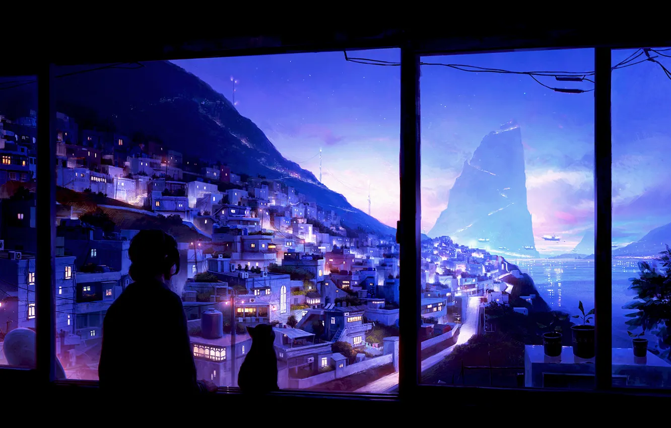 Photo wallpaper cat, girl, the city, ship, window, fantasy