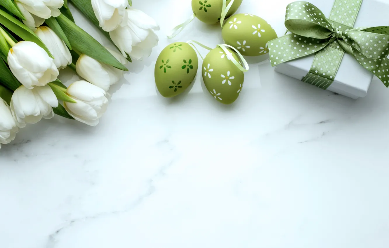 Photo wallpaper gift, Easter, tulips, white, tulips, gift, Easter, eggs