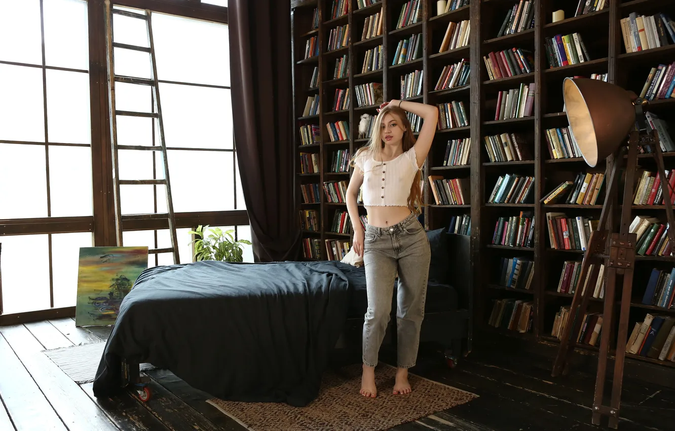 Photo wallpaper long hair, model, jeans, bedroom, gorgeous, posing, beautiful face, Photoshoot