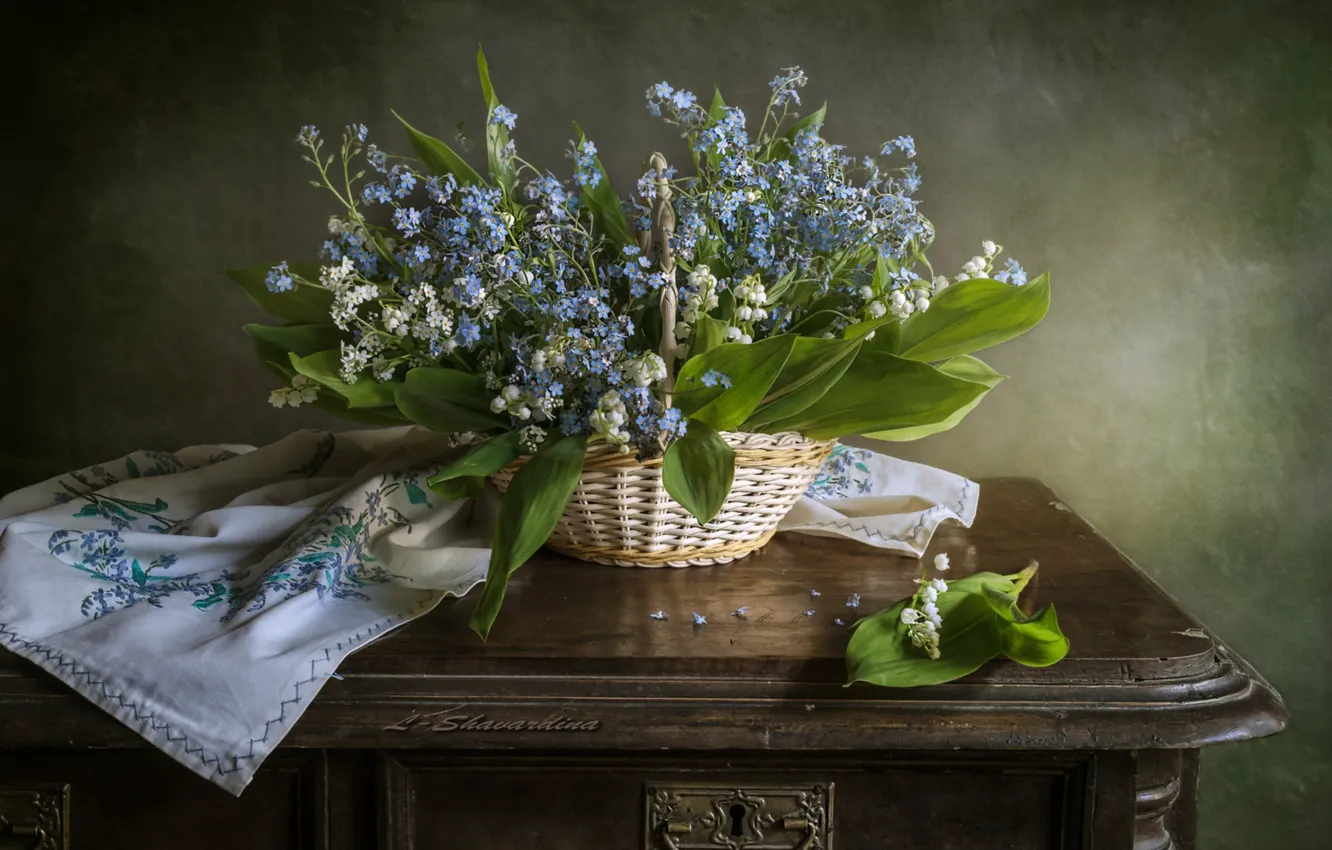 Photo wallpaper basket, lilies of the valley, forget-me-nots