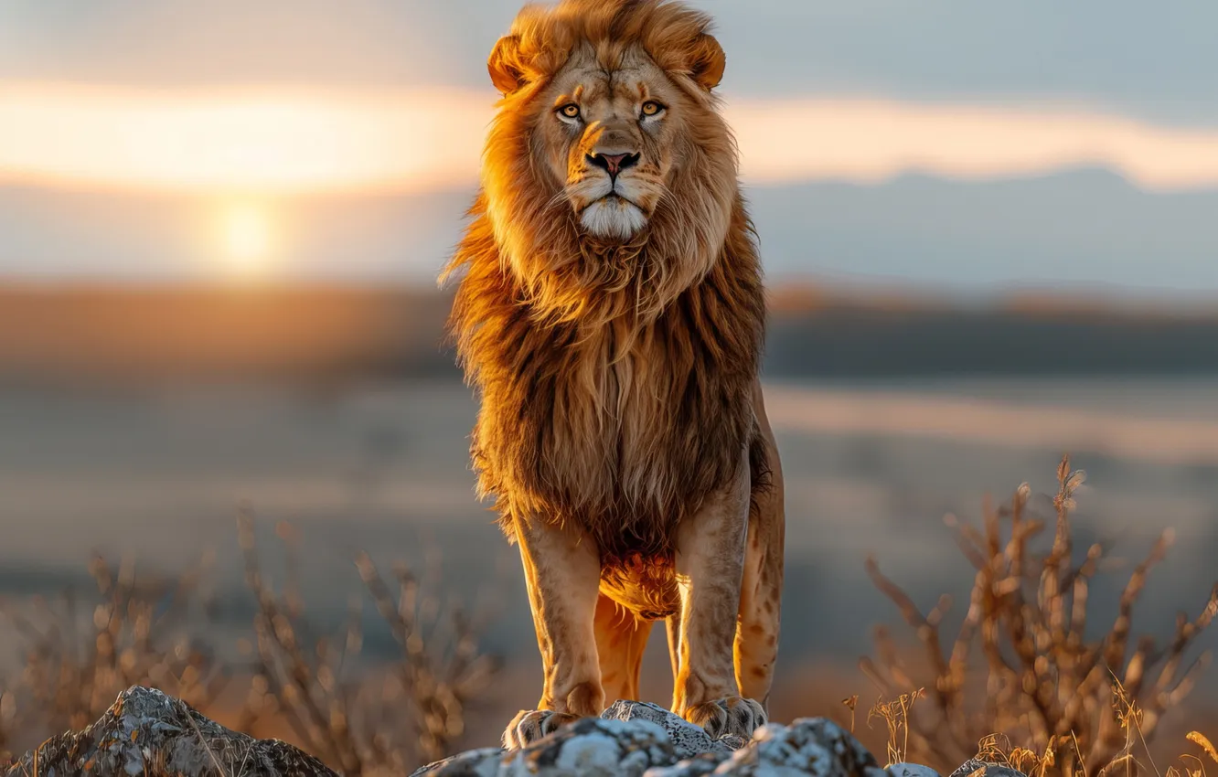 Photo wallpaper stones, dawn, predator, Leo, Savannah, big cat, digital art, AI art