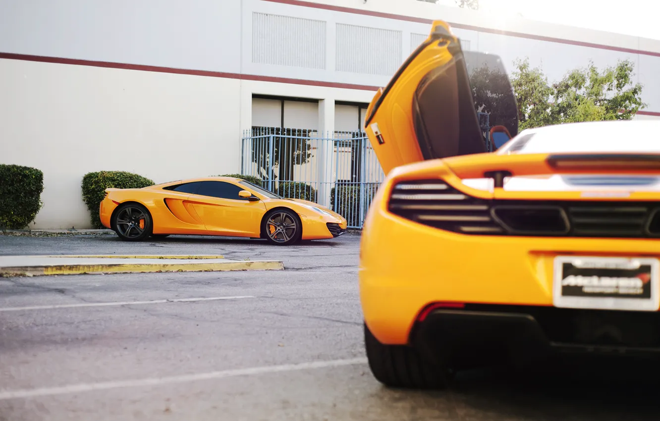 Photo wallpaper the sun, orange, tree, supercar, tree, sun, orange, McLaren