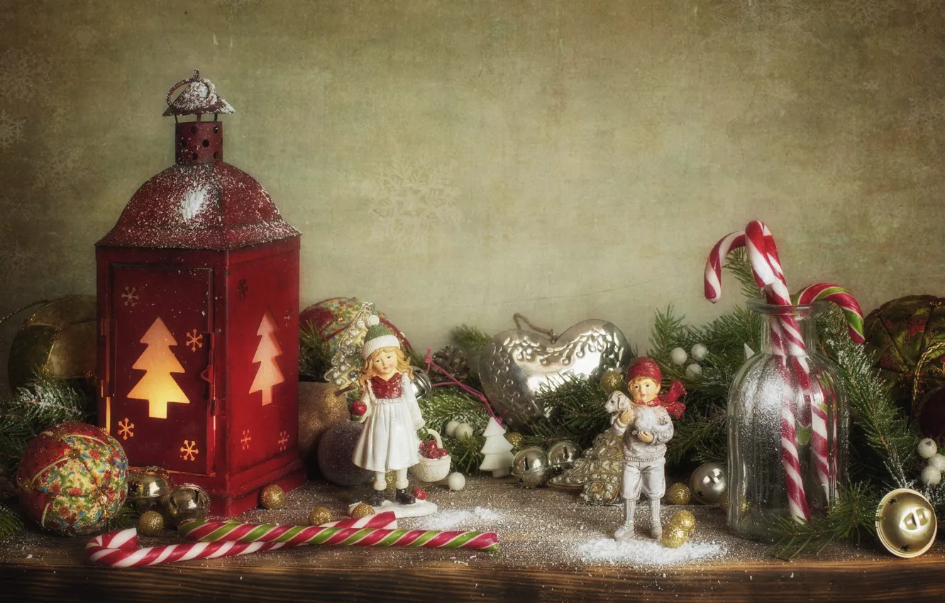 Photo wallpaper balls, branches, children, table, toy, new year, boy, Christmas