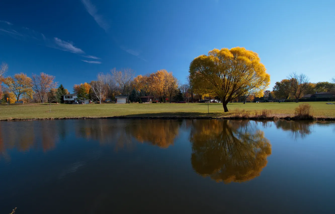 Photo wallpaper autumn, the sky, trees, reflection, river