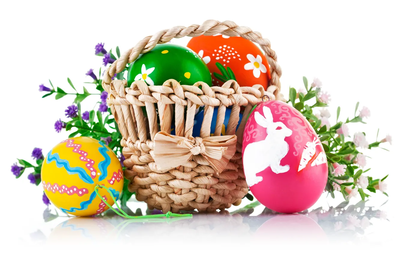Photo wallpaper flowers, eggs, Easter, basket, eggs