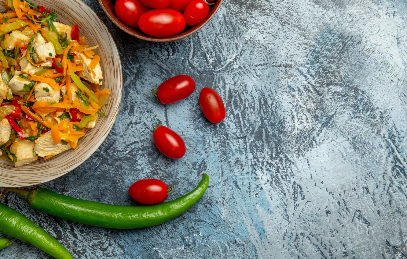 Photo wallpaper background, pepper, tomatoes, salad